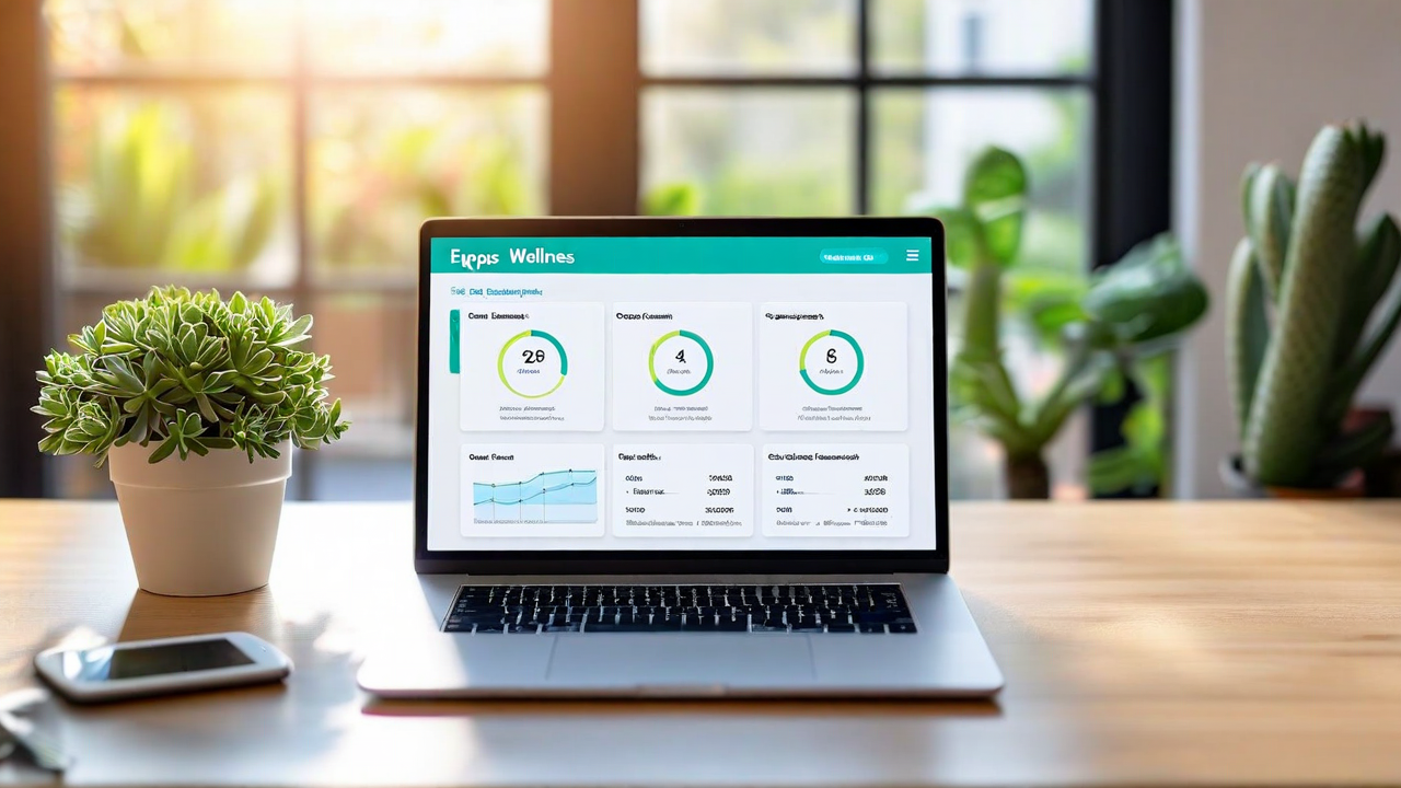 Article Header Image — — Open laptop in a calm workspace, employee wellness theme